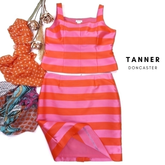 Tanner Doncaster Orange Pink Stripe Collaboration Skirt Suit Set Sz 14 - Picture 1 of 16